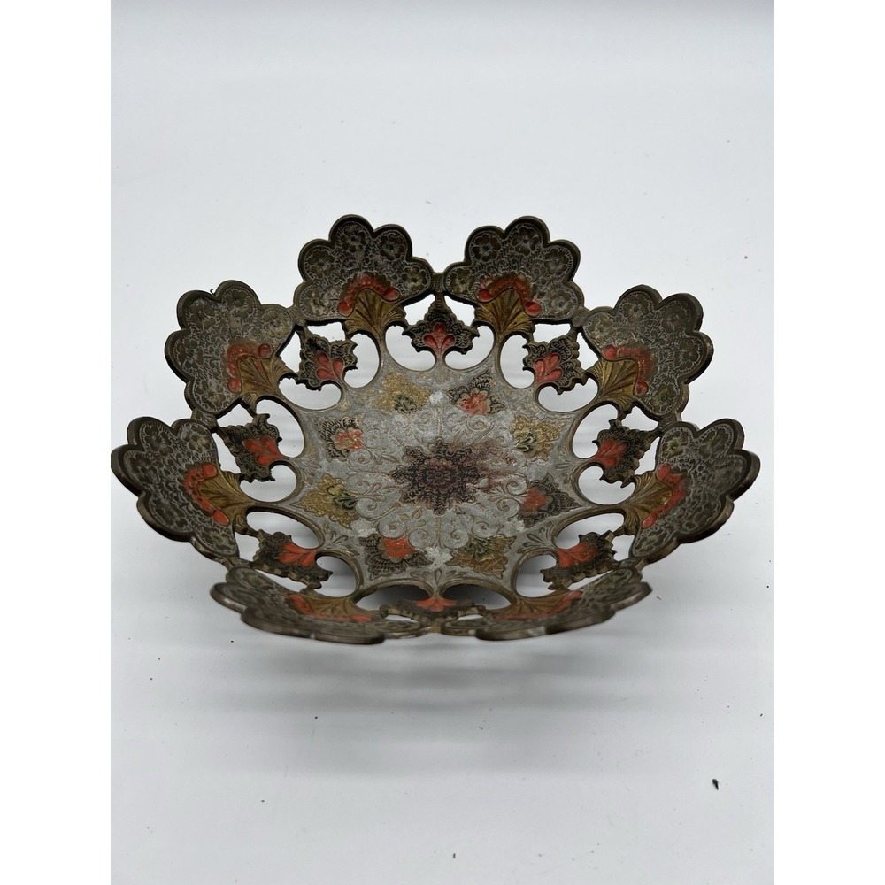 VTG India Brass Enamel Cut Out 10" Pierced Pedestal Bowl With Scalloped Edge